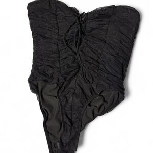 Princess Polly size 6 black strapless mesh polka dot lace up bodysuit